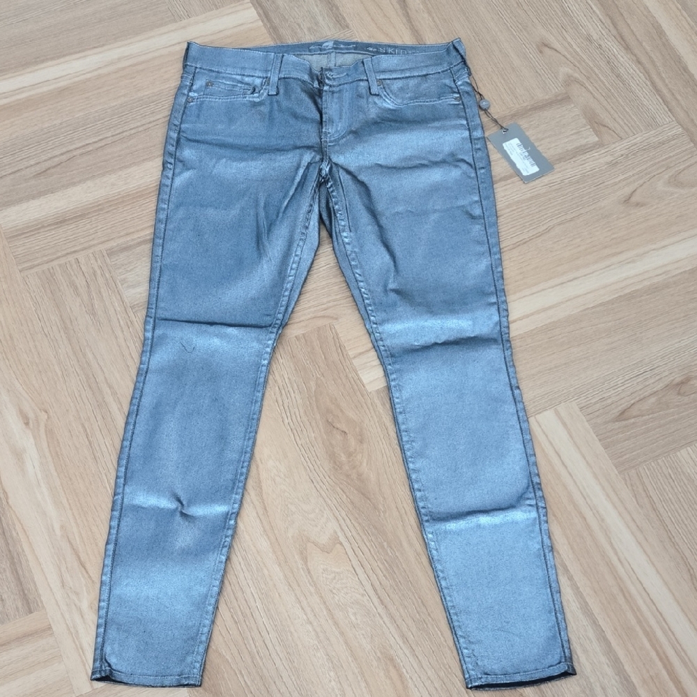 7 For All Mankind Women's Metallic Blue Skinny Jeans 30